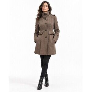 GUESS Jeans Authentic Brown Wool Blend Military Coat High Collar Tailored S/M